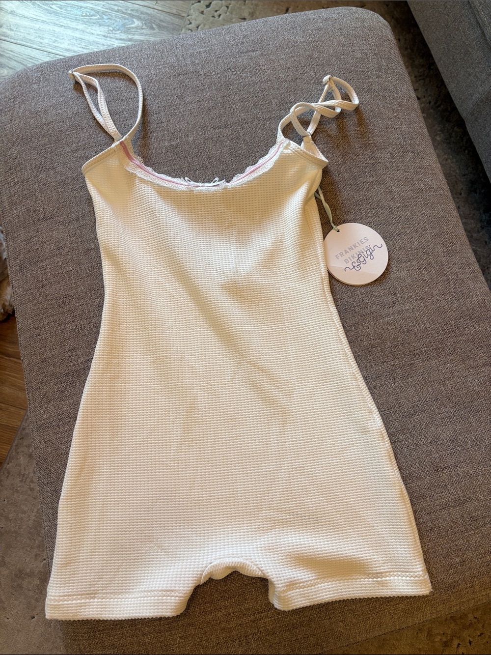Frankie's Bikinis Cream Waffle-Knit jumpsuit  with Lace Trim